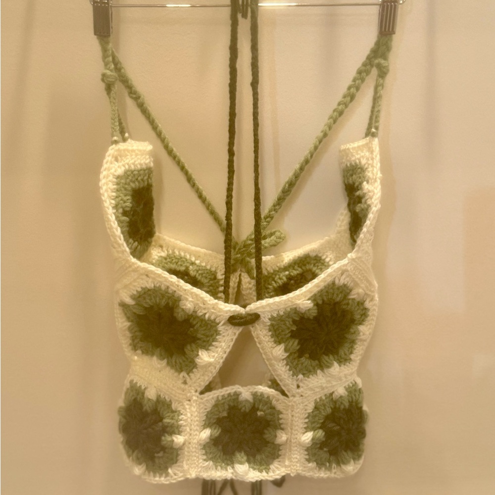 Handmade Crocheted Floral Square Crop Top in Cream and Olive